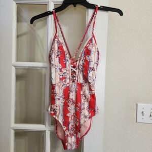 Indigo Rein Floral Lace Up Plunge One Piece Swimsuit Beach Vacation Summer